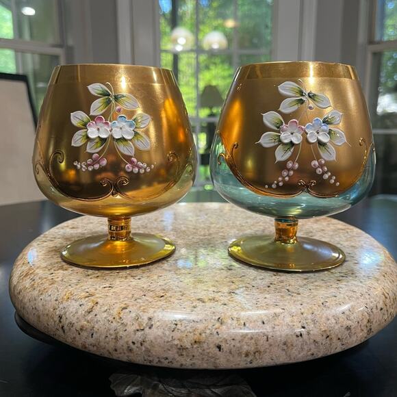 Bohemian Czech Vintage Tre Fuochi Hand Painted Crystal Gold Gilt Brandy Snifter - Picture 7 of 16